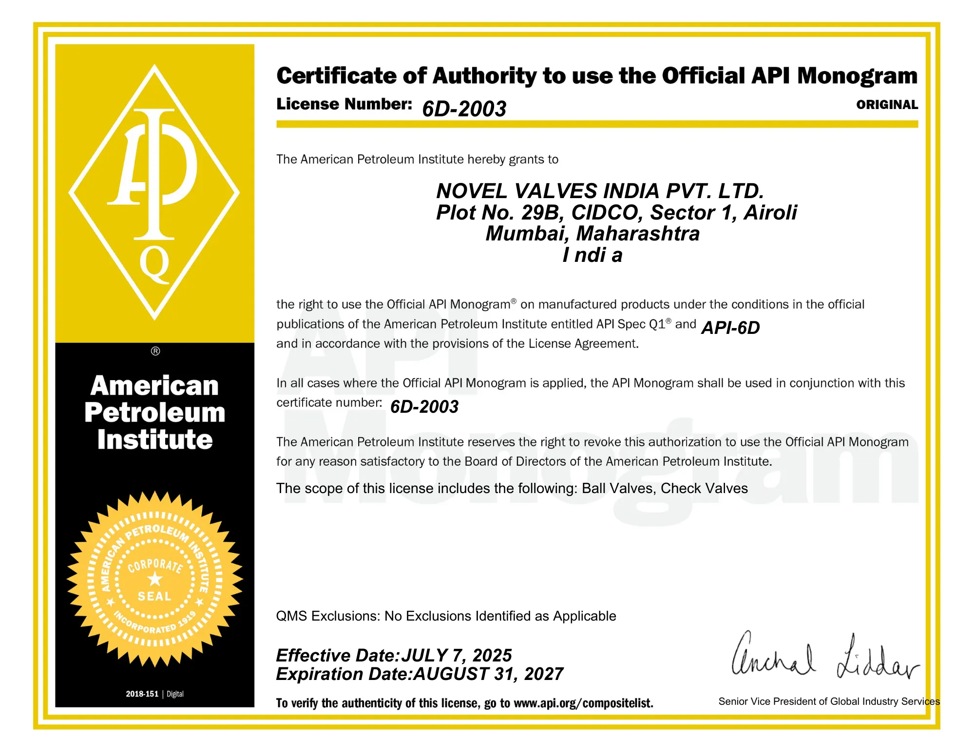 API 6D Certificate - Novel Valves