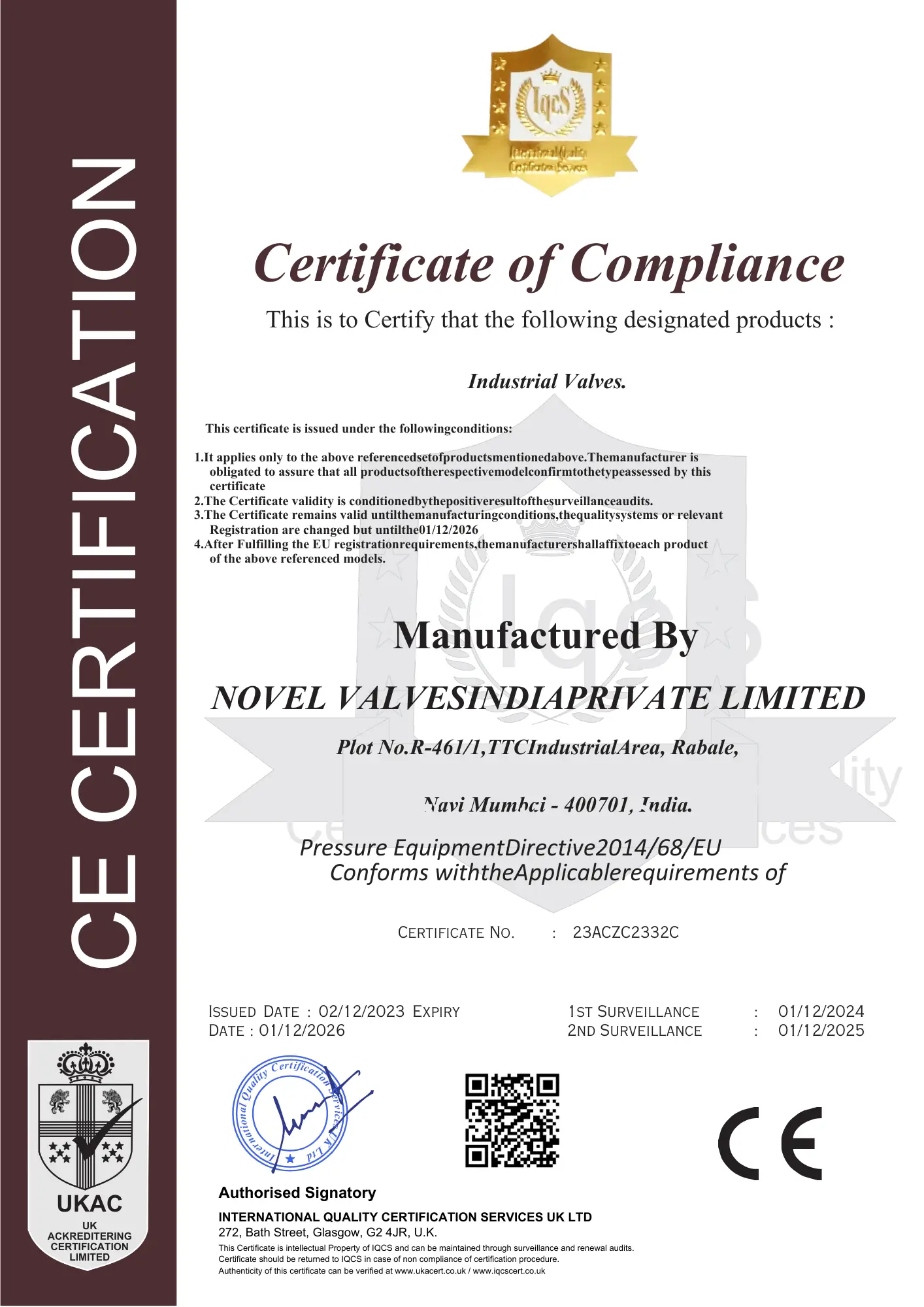 CE Certificate - Novel Valves