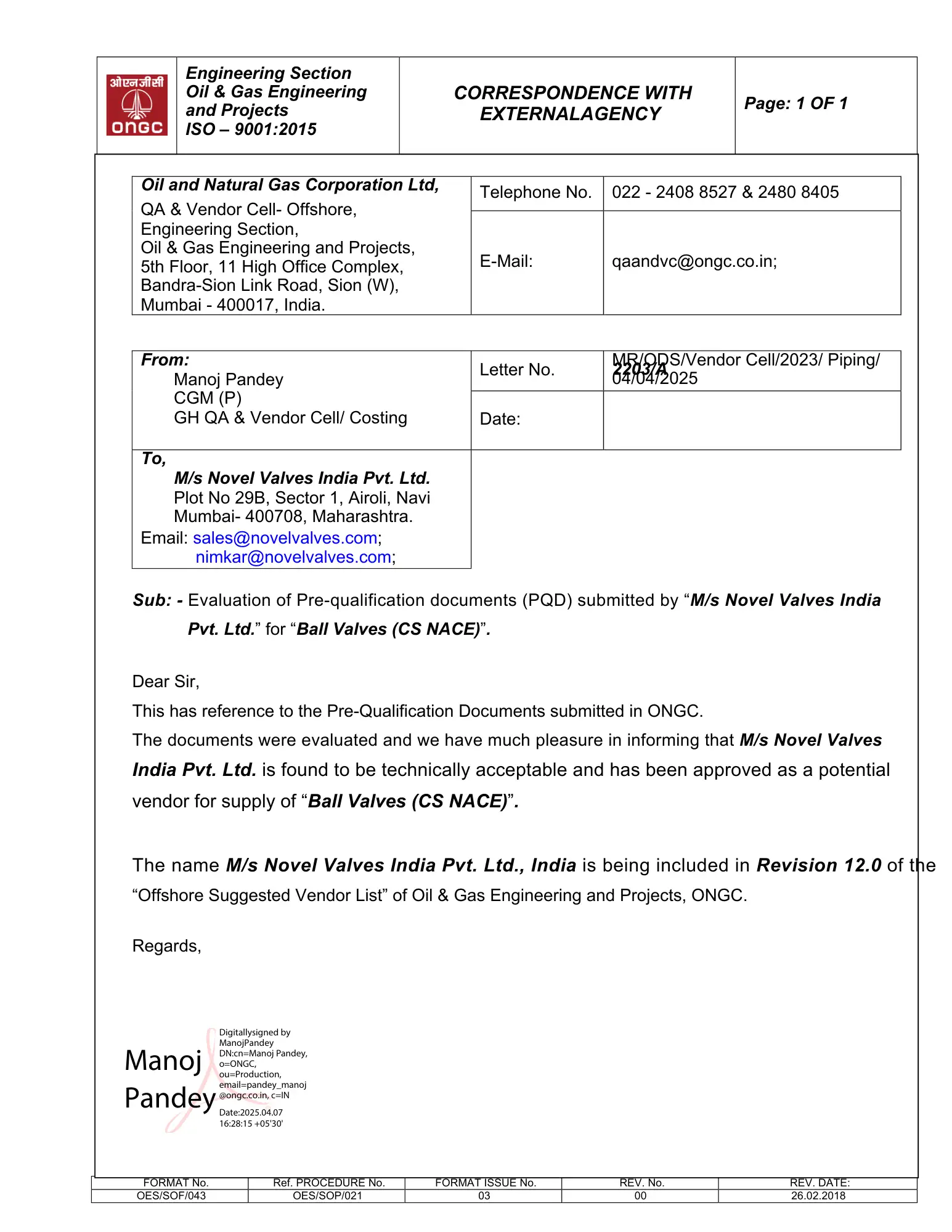 PQD Approval - Ball Valves (CS NACE)
