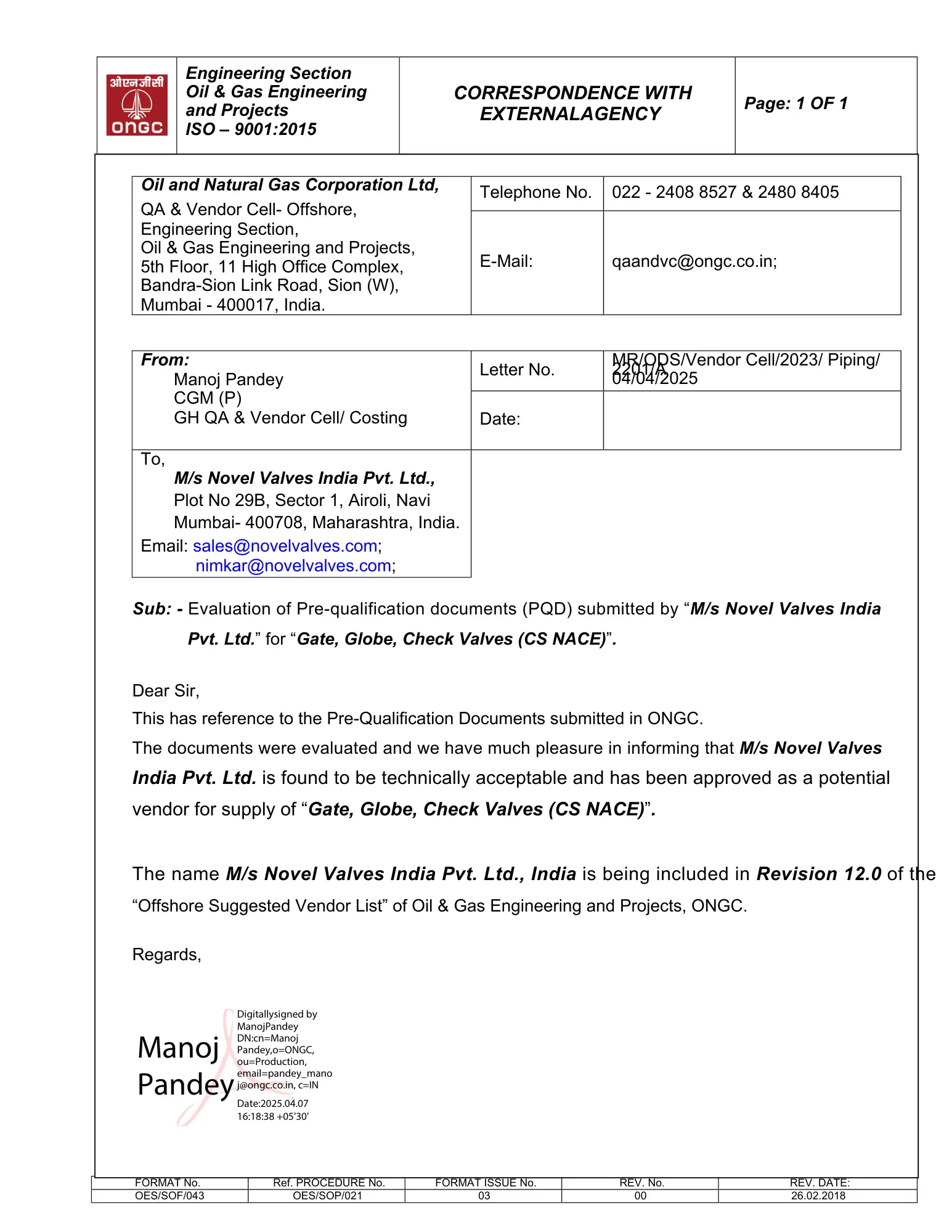 PQD Approval - Gate Globe Check Valves (CS NACE)
